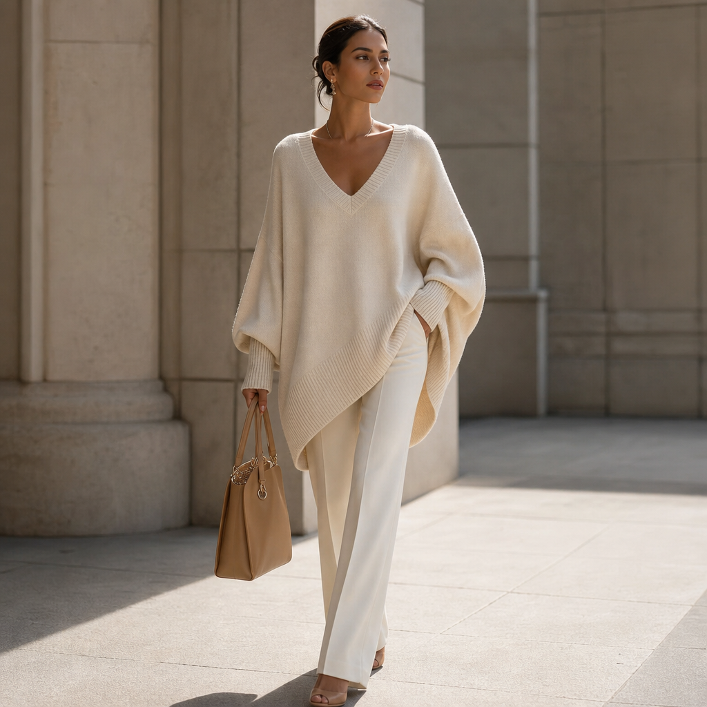 Vellora – Draped V-Neck Stretch-Knit Sweater