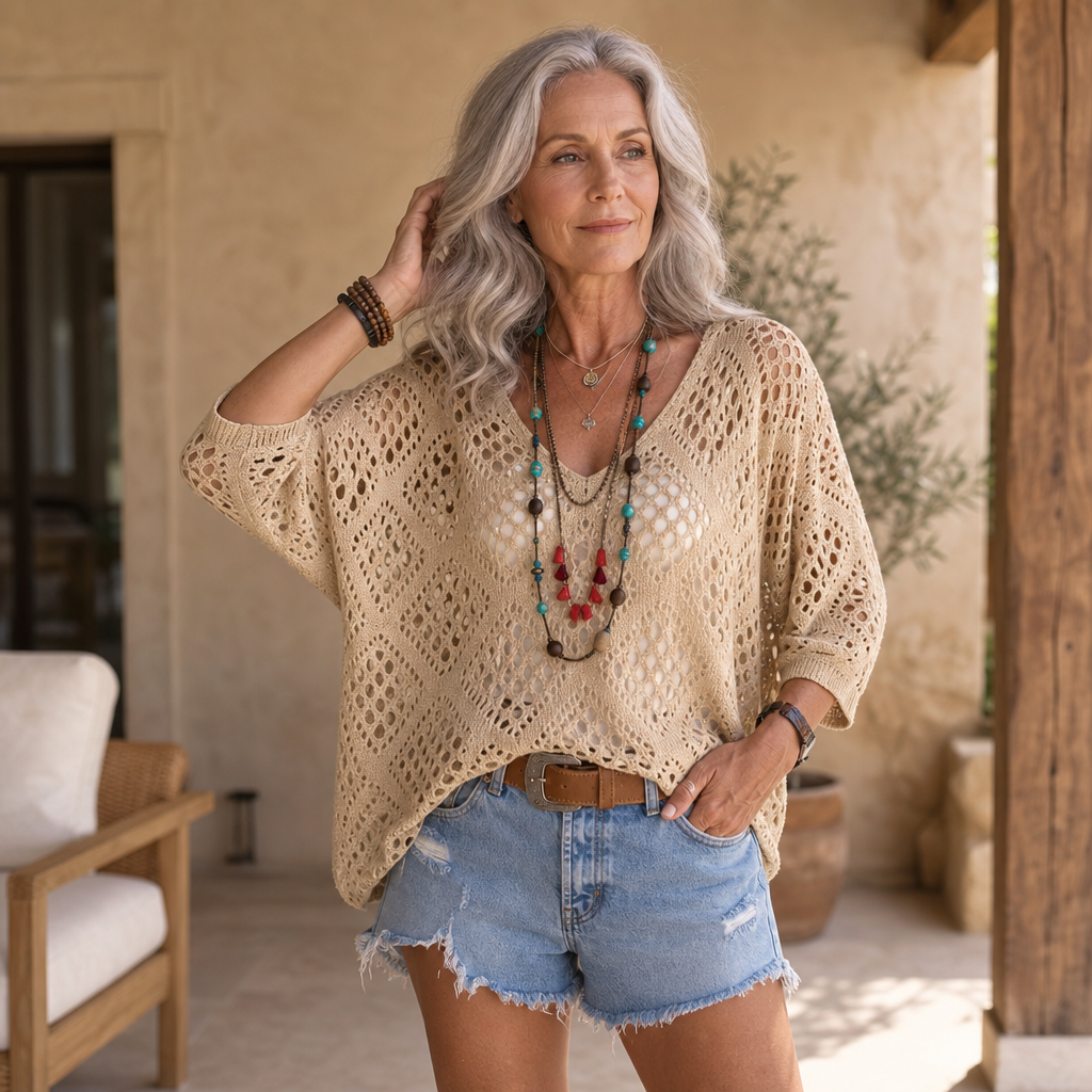 Sunlace – Diamond Openwork Drop-Shoulder Knit Top