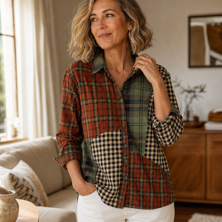 Plaidelle – Color-Block Patchwork Plaid Button-Up Shirt