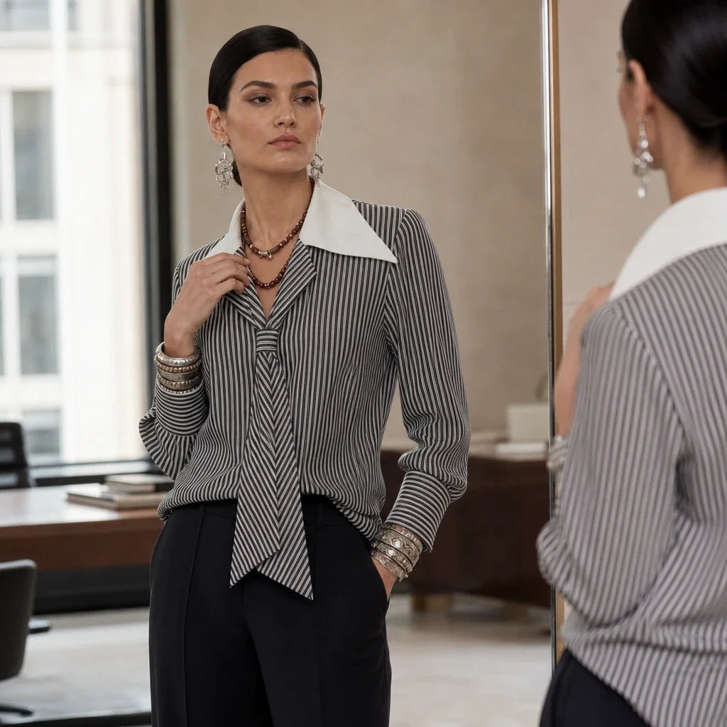 Overa – Black And White Striped Tie-Neck Blouse