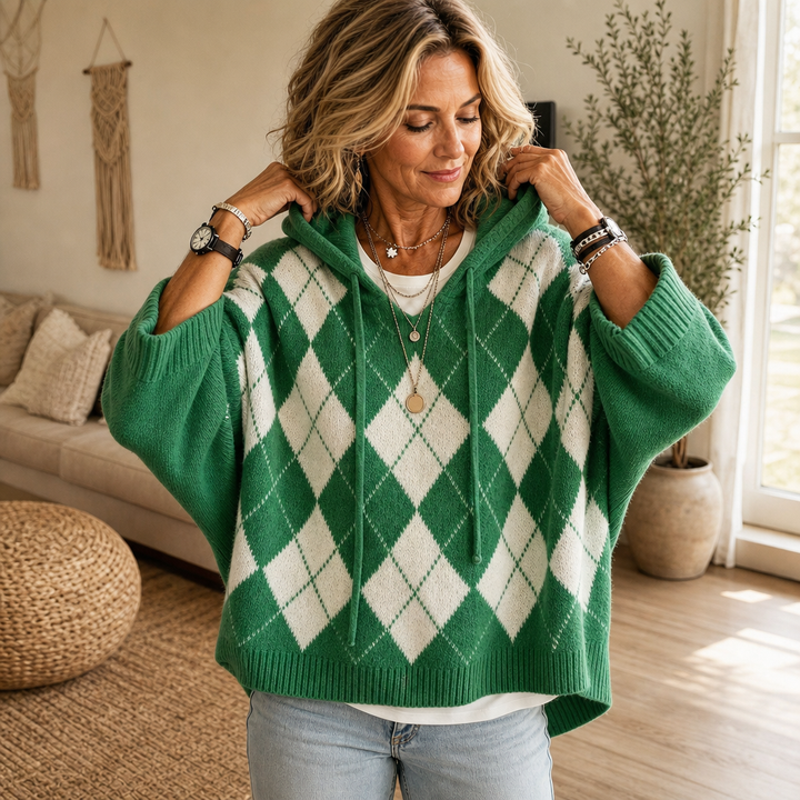 Wrapbella – Hooded Argyle Batwing Poncho Sweater