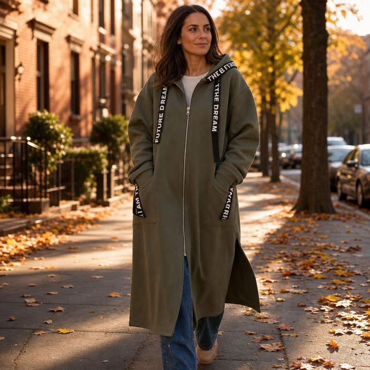 Duskmere – Knee-Length Hooded Zip Sweatshirt Coat
