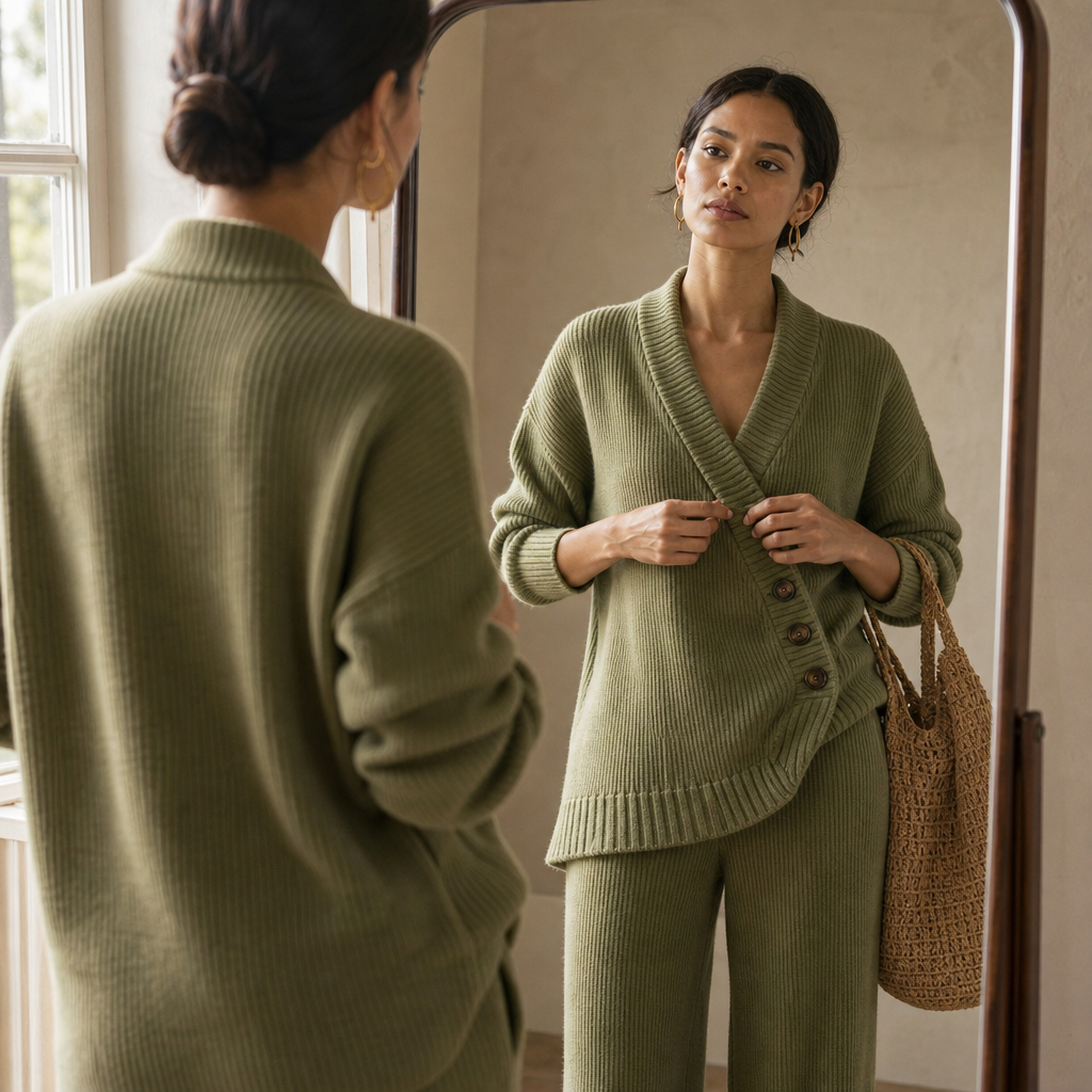 Olivea – Ribbed Wrap Top And Wide-Leg Pants Set
