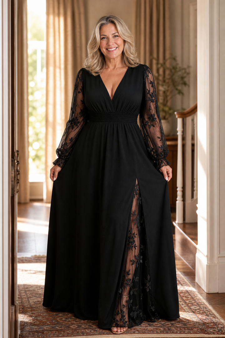 Wearbella – Lace-Sleeve A-Line Empire Waist Maxi Dress
