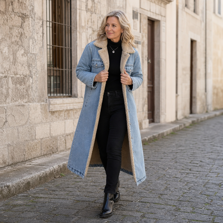 Denora – Sherpa-Lined Full-Length Denim Coat