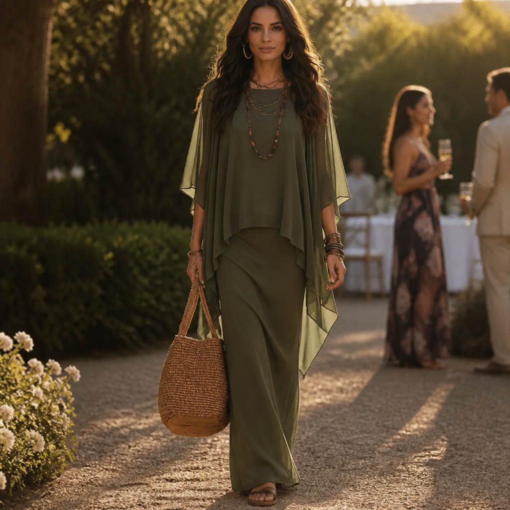 Draperie – Cape Sleeve Asymmetric Hem Maxi Dress