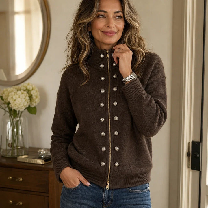 Plot Twist – Double-Button High-Neck Knit Cardigan