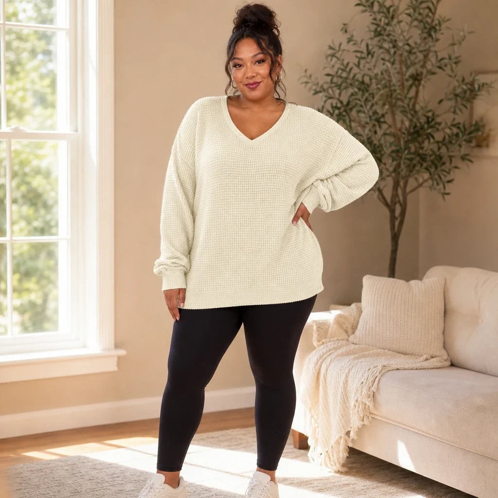 Vellune – V-Neck Waffle-Knit Long Sleeves Sweater