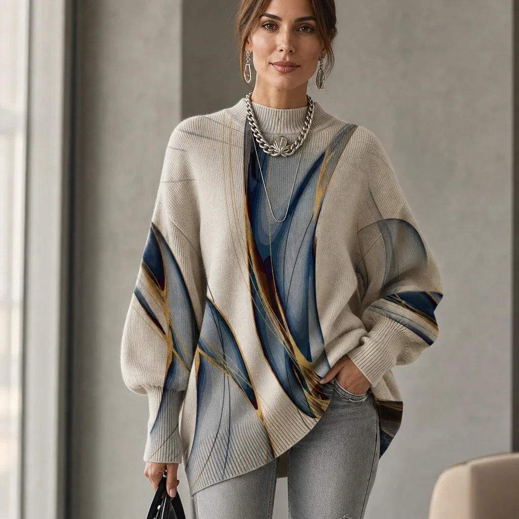 Stria – Abstract Pattern High-Neck Lantern-Sleeve Sweater