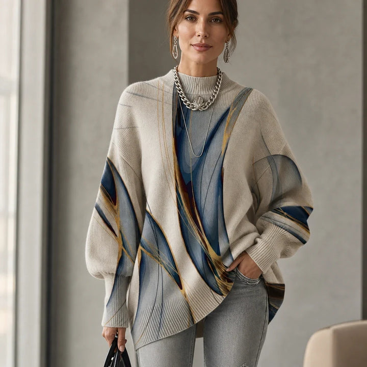 Stria – Abstract Pattern High-Neck Lantern-Sleeve Sweater