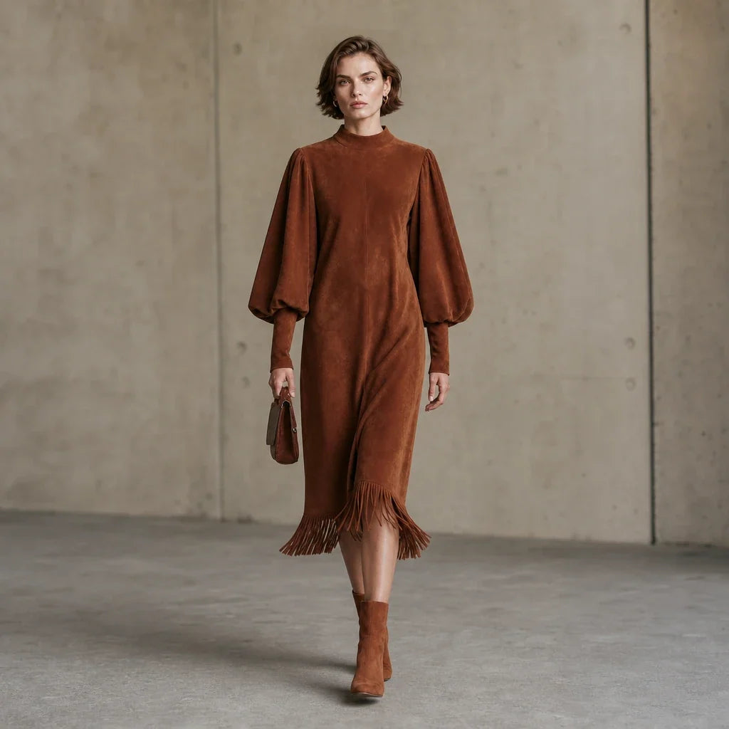 Suede Serenade – Faux Suede-Look Lantern Sleeve Fringe Midi Dress