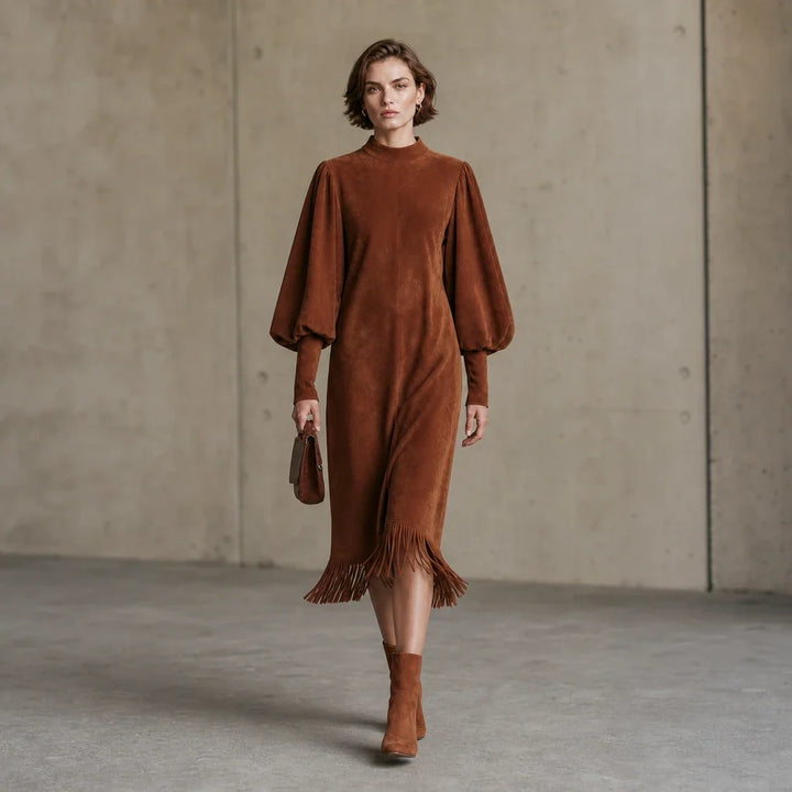 Suede Serenade – Faux Suede-Look Lantern Sleeve Fringe Midi Dress