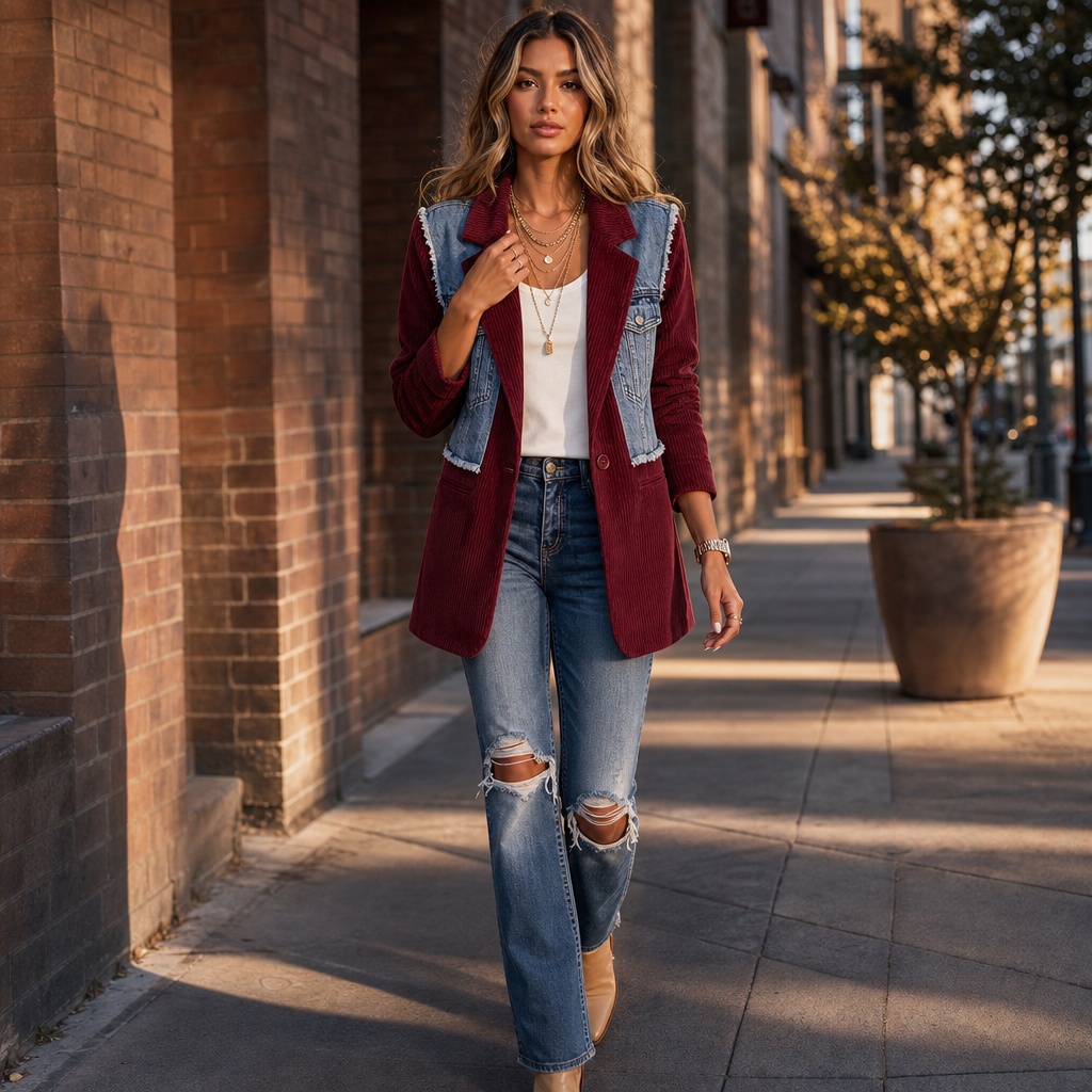 Corvella – Denim-Overlay Corduroy Raw-Hem Blazer