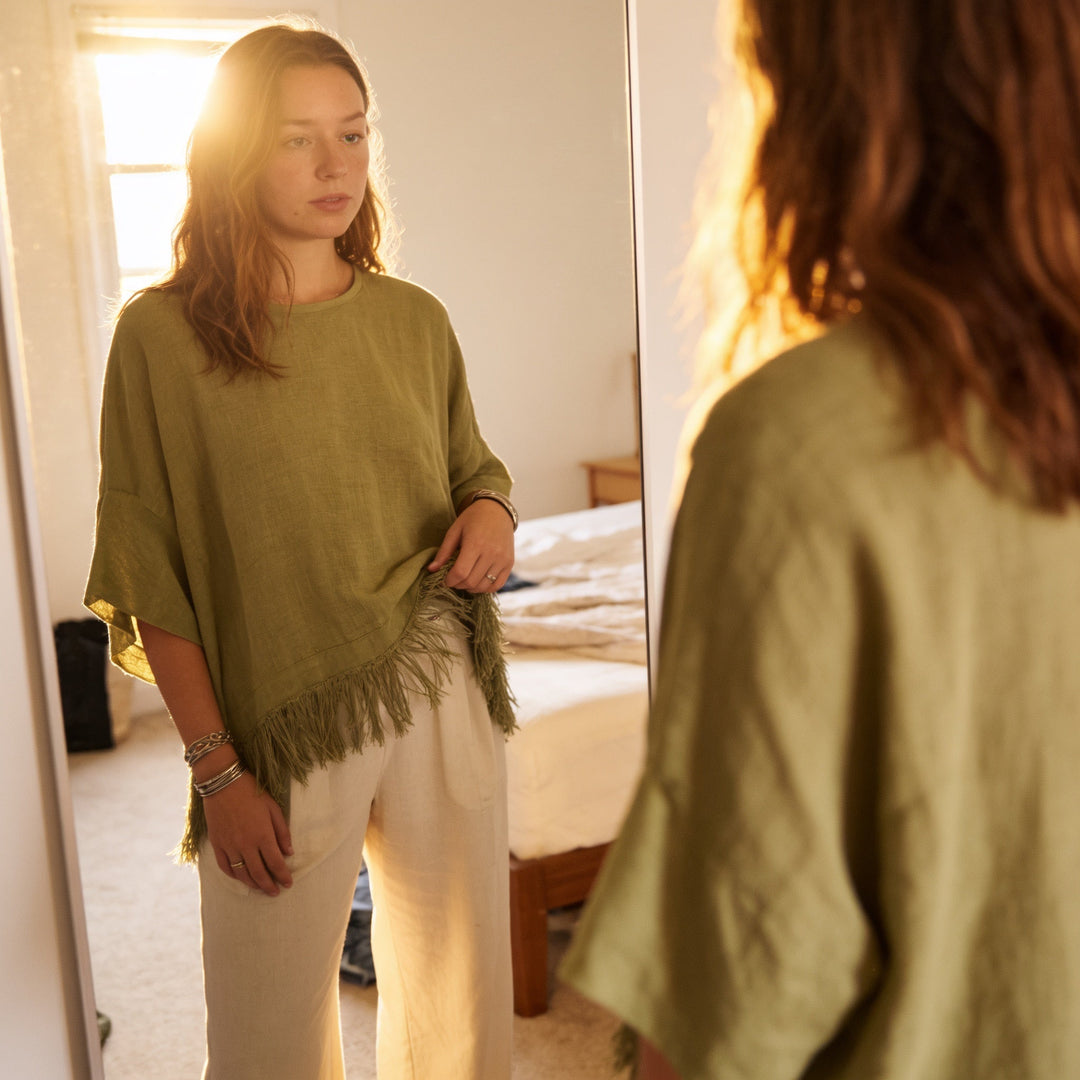 Wovelle – Fringed Hem Boxy Drop-Shoulder Blouse