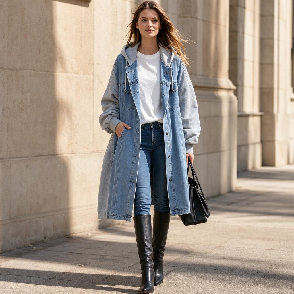 Denimova – Washed Denim-Look And Hooded Sweatshirt Jacket