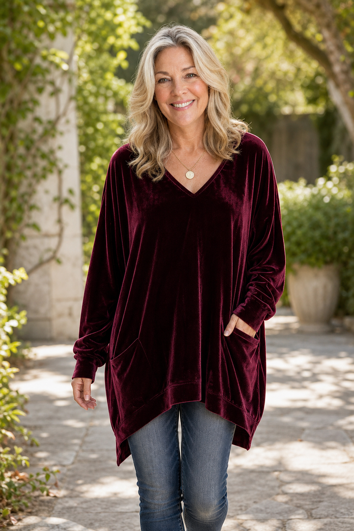 Velveau – Oversized Pocketed V-Neck Velvet Look Tunic