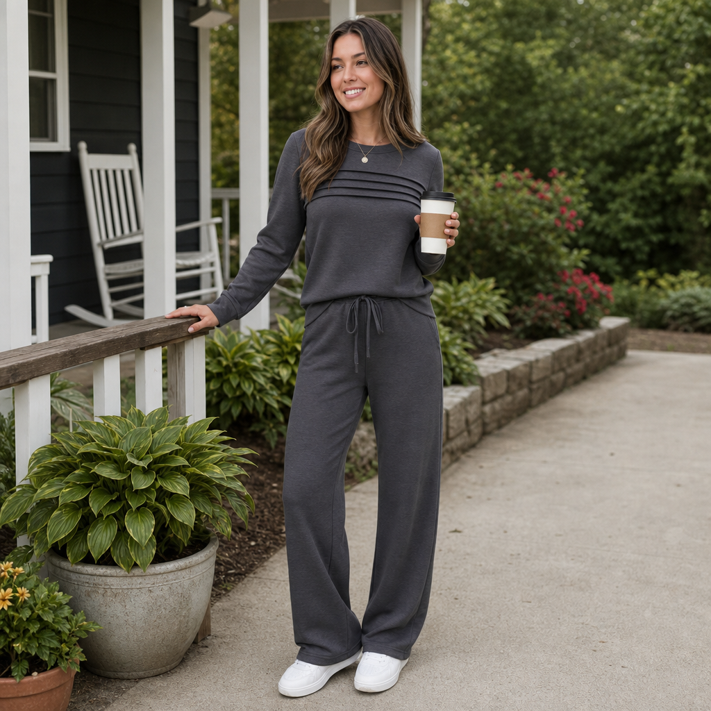 Wearbella – Pleated Crew Neck Drawstring Waist Lounge Set