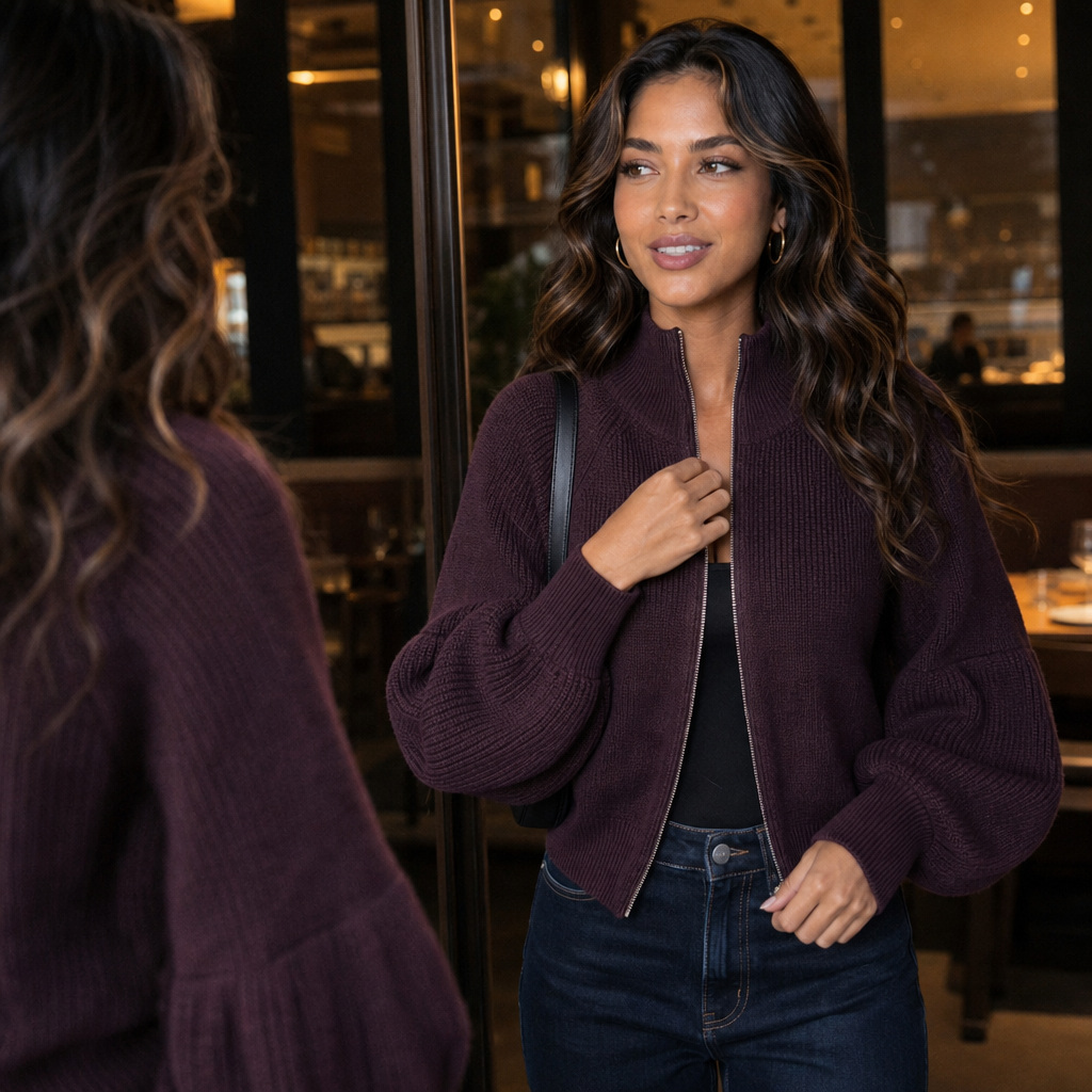 Lantera – Textured Lantern-Sleeve Zip-Up Knit Cardigan