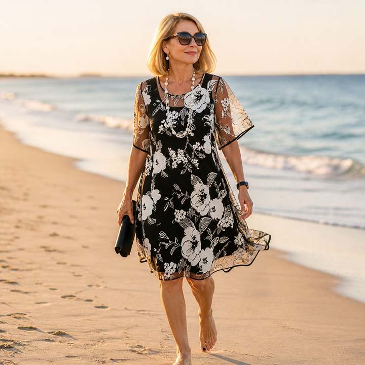 Solenya™ – Floral Chiffon Dress with Sheer Overlay
