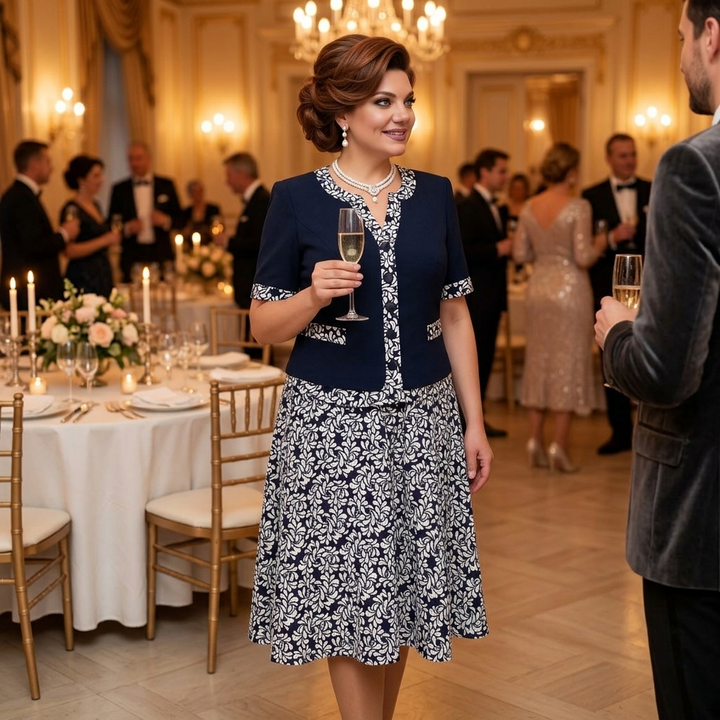 Maelyn™ Elegant Navy Floral Dress with Built-in Jacket