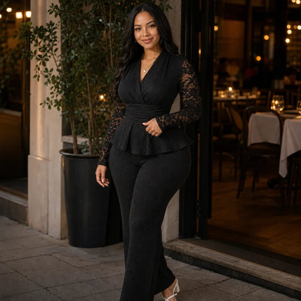 Vellora – Pleated Peplum Floral-Lace Two-Piece Pantsuit