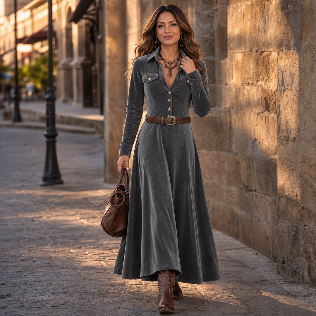Vena – Button-Front Velvet-Look A-Line Maxi Dress