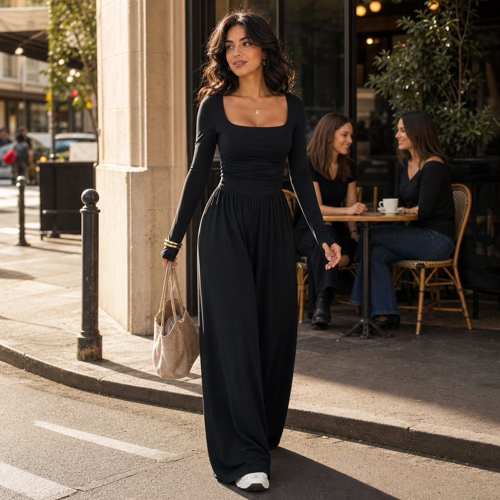 Wearbella – Ruched Waist Square Neck Wide-Leg Jumpsuit