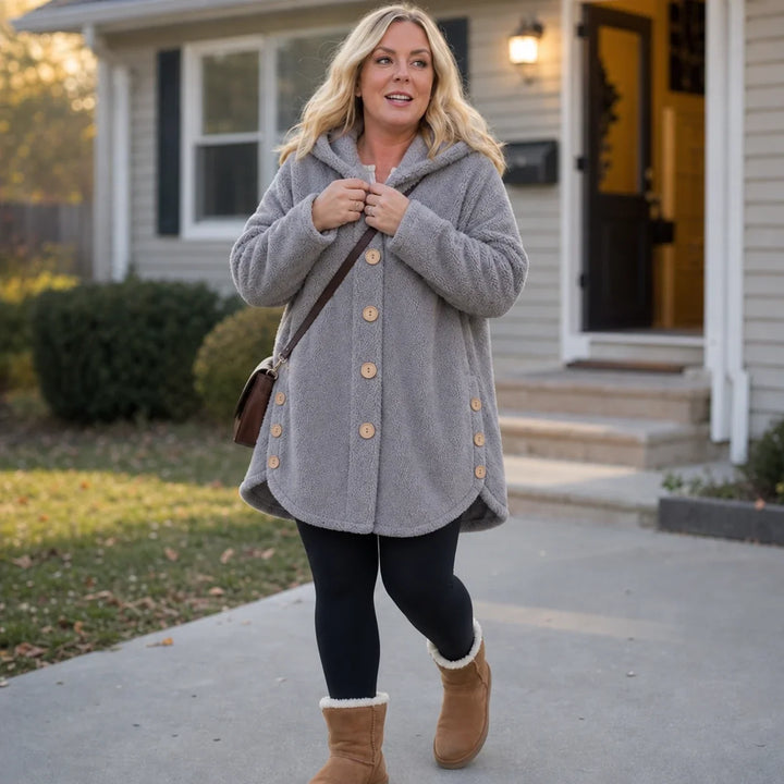 Cozy Button – Asymmetrical Hem Hooded Fleece Coat