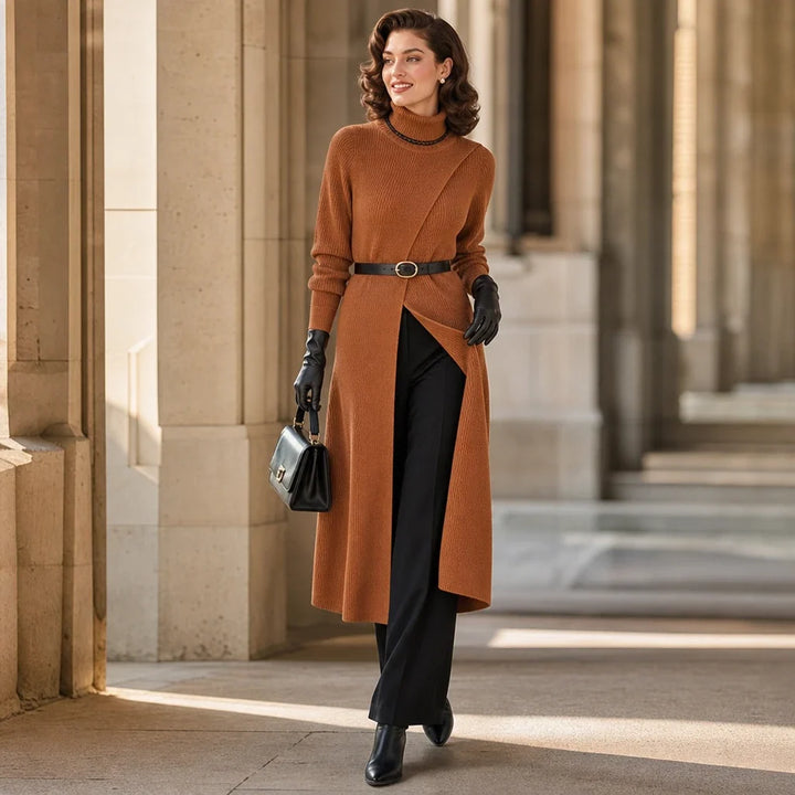 Linevera – Pit-Stripe Ribbed Asymmetric Turtleneck Top