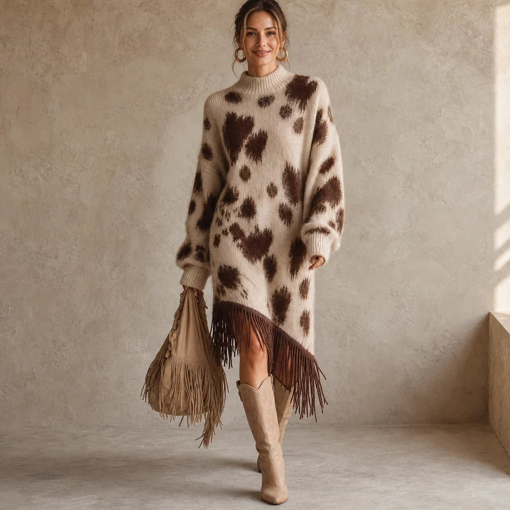 Fringefield – Cow-Print Knit Fringe-Hem Sweater Dress