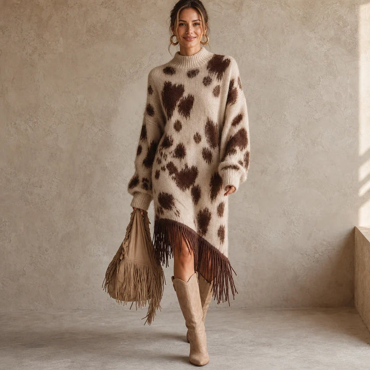 Fringefield – Cow-Print Knit Fringe-Hem Sweater Dress