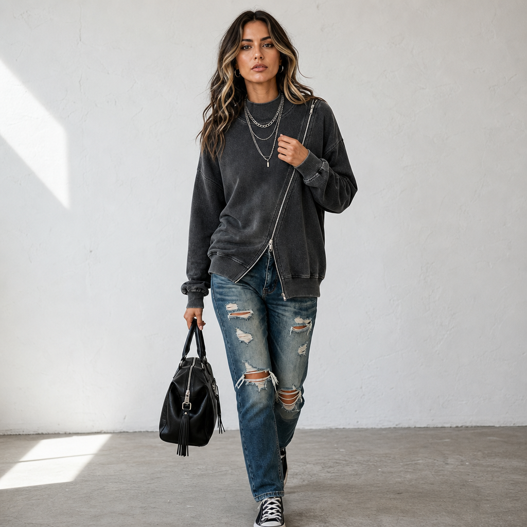 Slantwick – Diagonal Zip Drop-Shoulder Sweatshirt Jacket