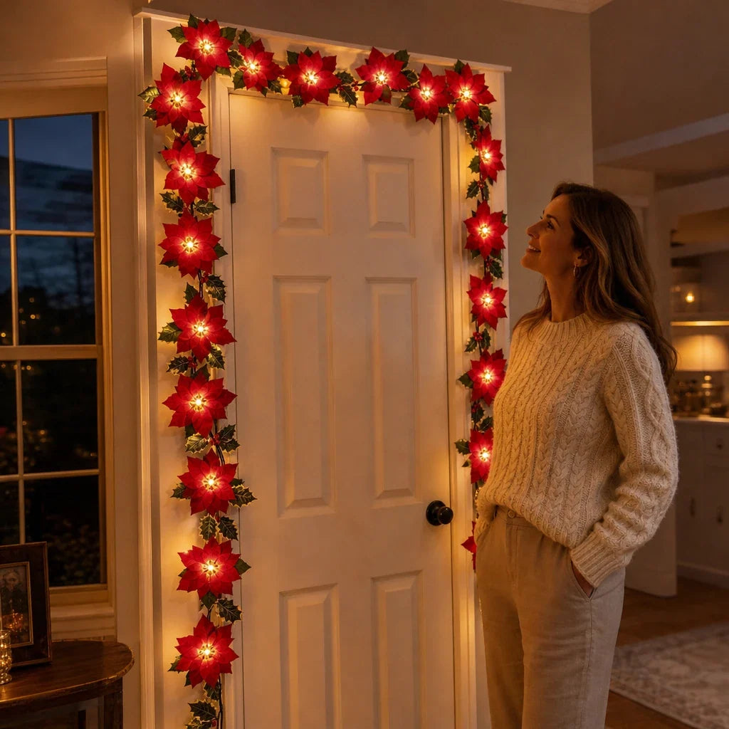 Poinsettia Glow – Battery-Powered Poinsettia LED Garland