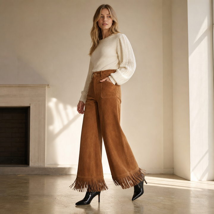 Suevera – Chic Fringe Accented Suede-Look Wide Leg Trousers