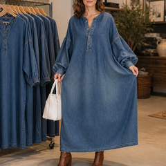 Denara – Lantern Sleeve Half-Button Denim Maxi Dress