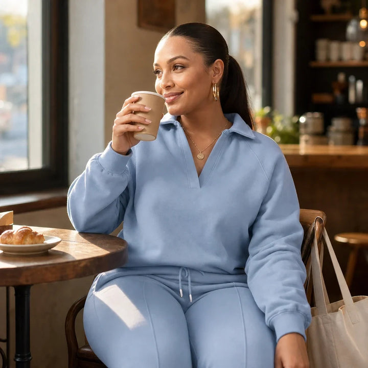 Velaire – Collared V-Neck Top And Straight-Leg Pants Set