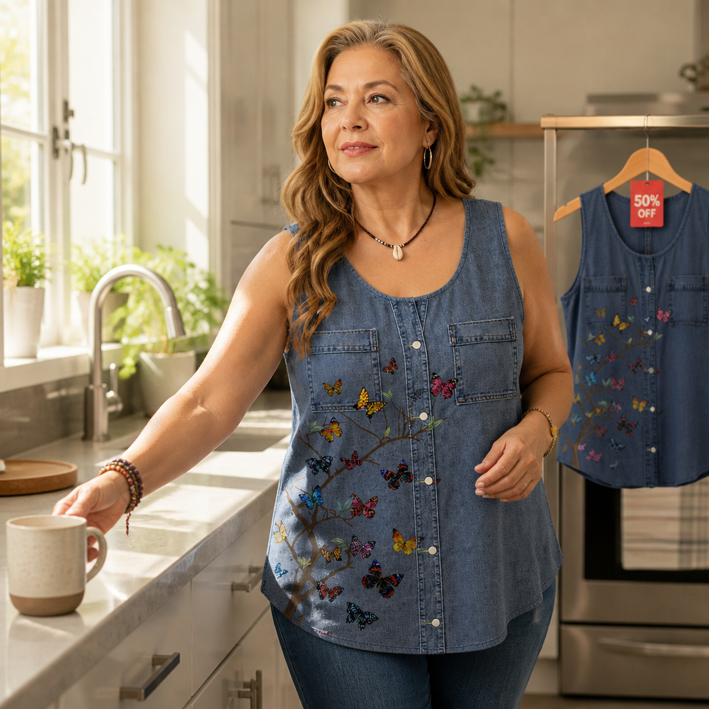 Denimly – Botanical Embroidered Denim-Look Tank Top