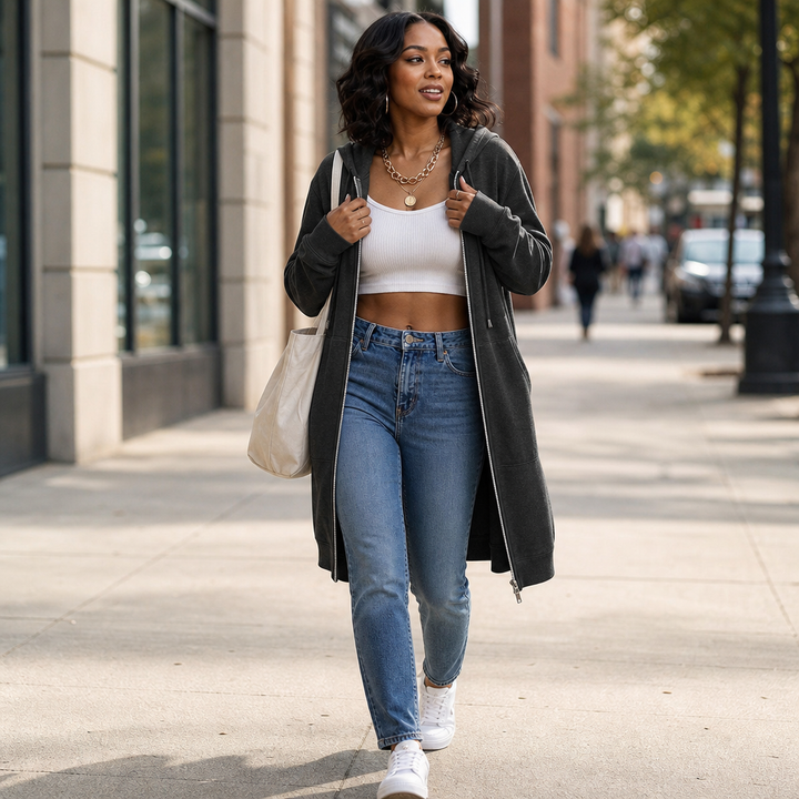 Cozyline – Fleece-Lined Tunic-Length Zip-Up Hoodie