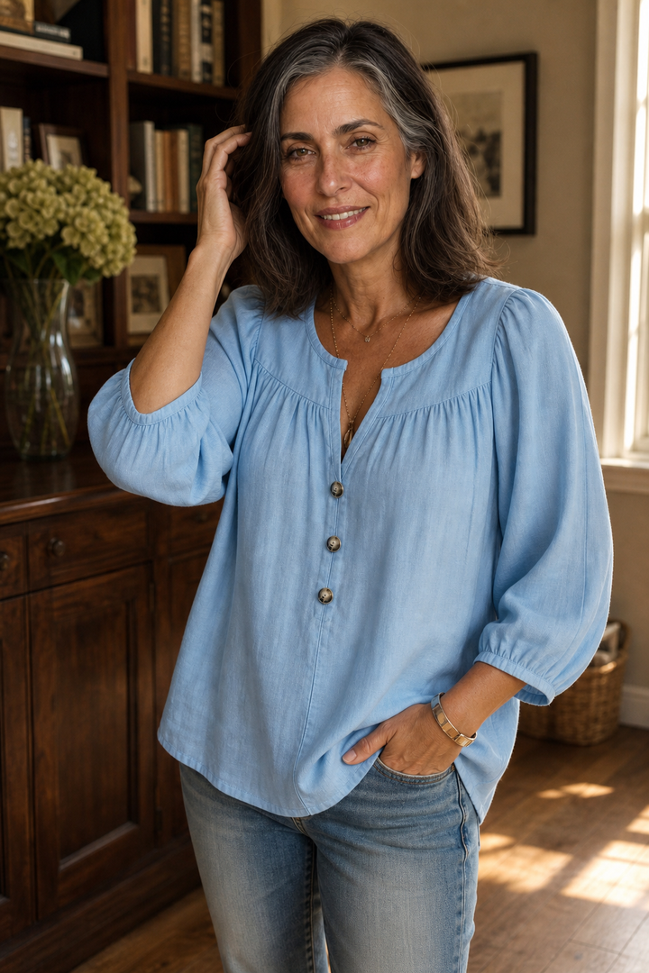 Wearbella – Gathered V-Neck Puff Sleeve Blouse