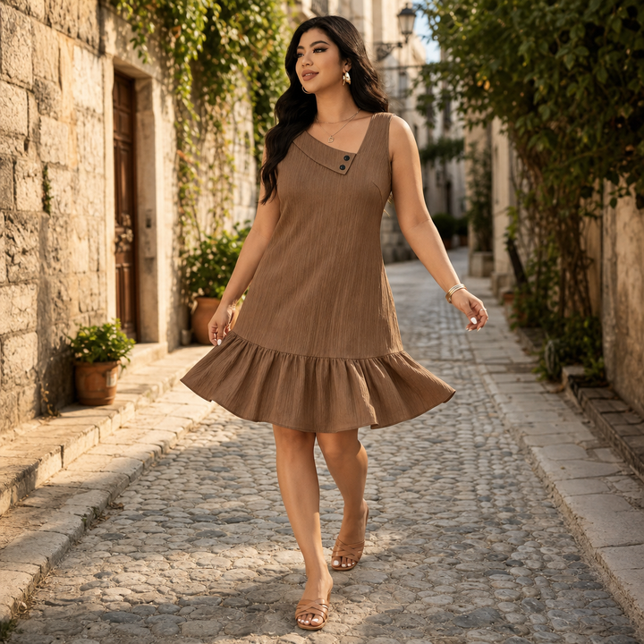 Slantline – Asymmetric Buttoned Neck Ruffle Hem Dress