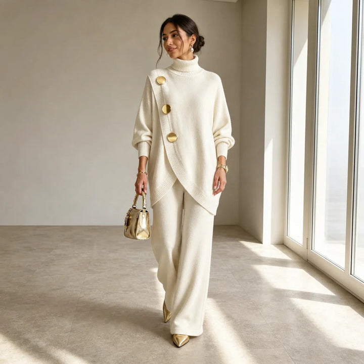 Mackenzie – Gold-Button Asymmetric Knit Two-Piece Set