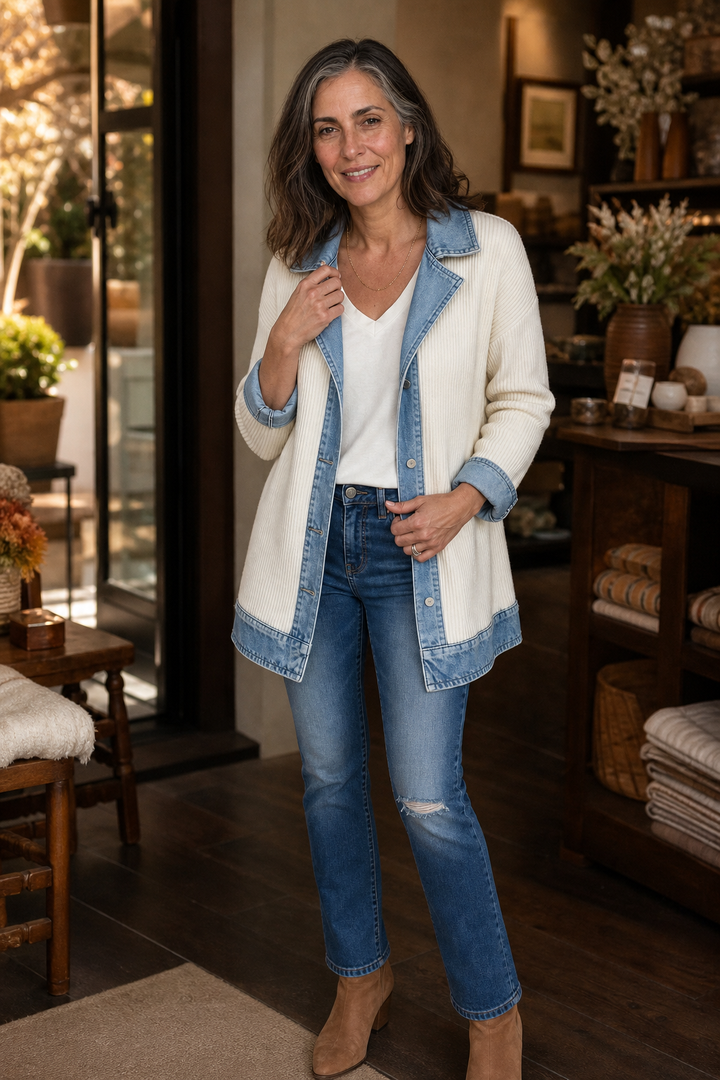 Wearbella – Denim-Look Spliced Ribbed Knit Coat