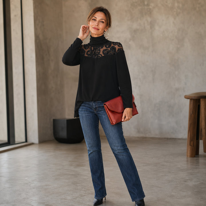 Florenza – Sheer Floral Lace-Yoke High-Neck Blouse