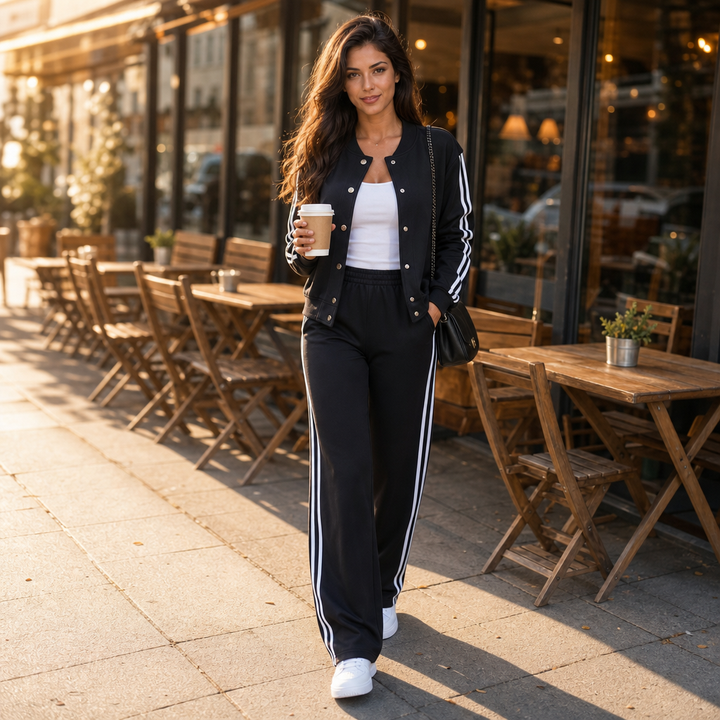 Wearbella – Contrast-Stripe High-Waisted Wide-Leg Loungewear Set