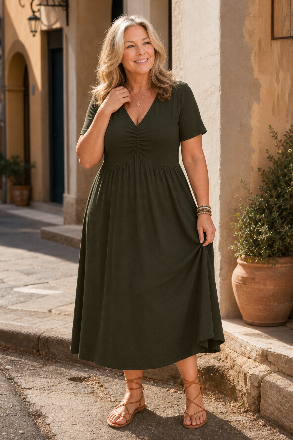 Wearbella – Ruched V-Neck Flared Midi Dress