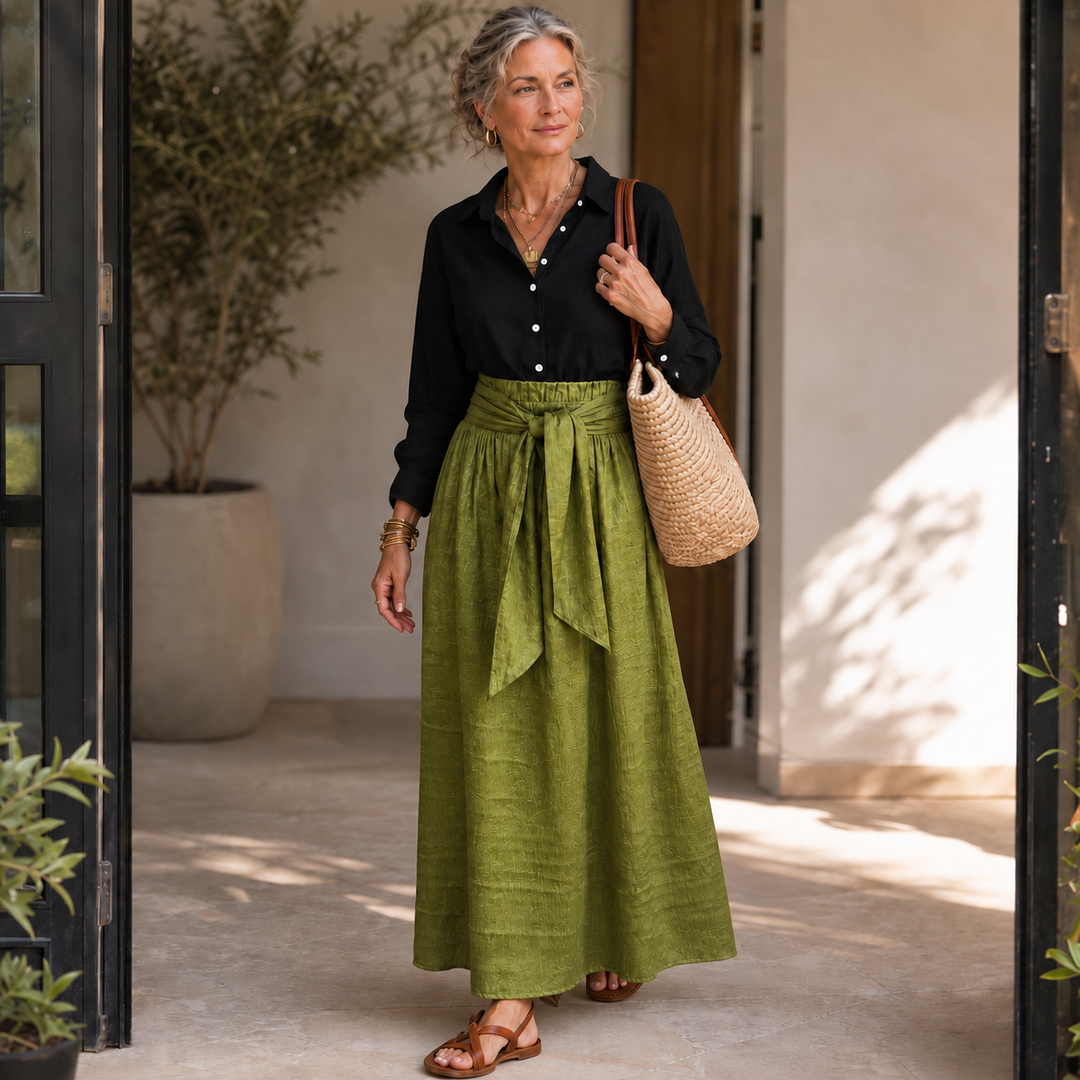 Olive & Onyx – Button Shirt And Tie-Waist Midi Skirt Set