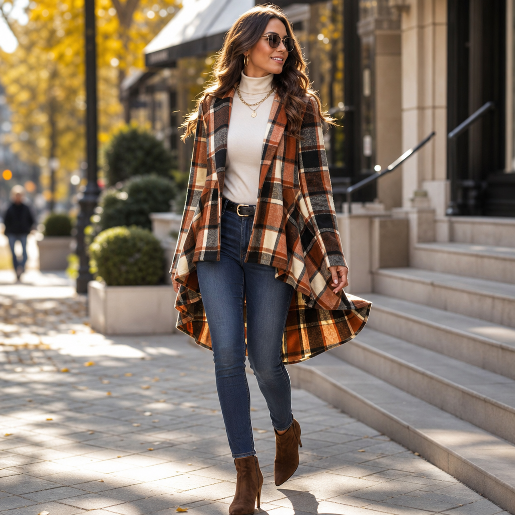 Wearbella – Cinched-Waist High-Low Plaid Peplum Coat
