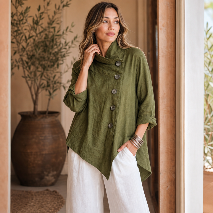 Linvella – Diagonal Button-Front High-Low Top