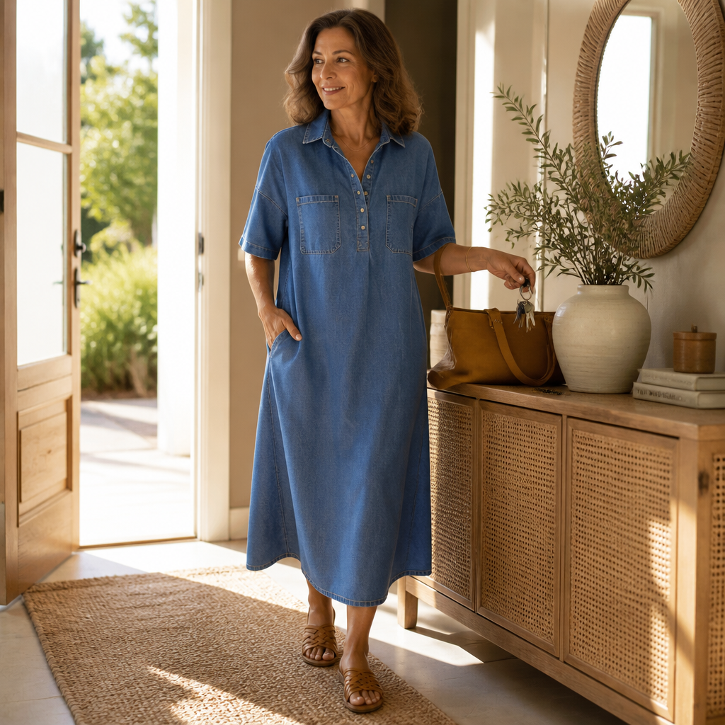 Denimly – Pocketed Shirt Collar Denim Midi Dress