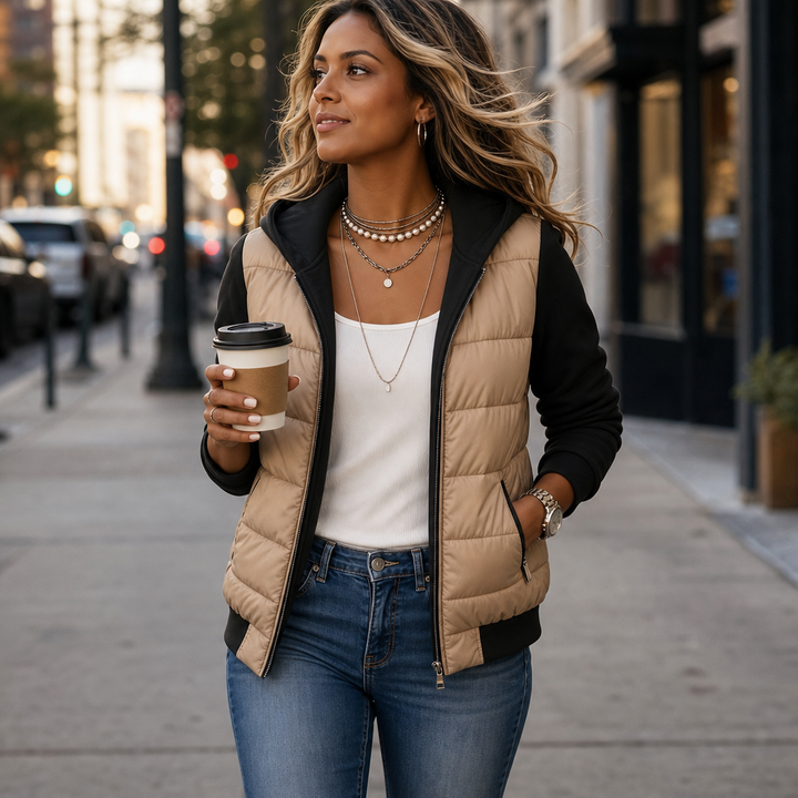 Coeza – Mixed-Media Quilted Puffer Knit-Sleeve Jacket